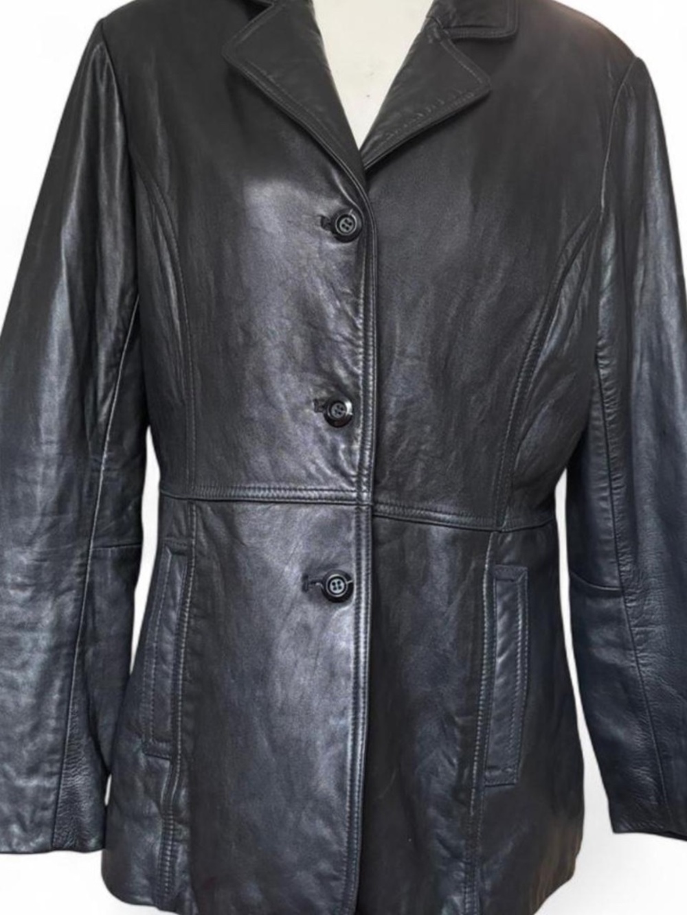 Vintage Micheal Lawrence Black leather jacket with button front and pockets